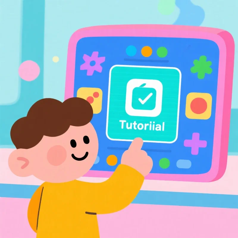 一个友好的卡通人物与一个简单、多彩的电子游戏屏幕互动，屏幕上显示易于理解的符号和“教程”图标，强调为初学者提供乐趣和易学性