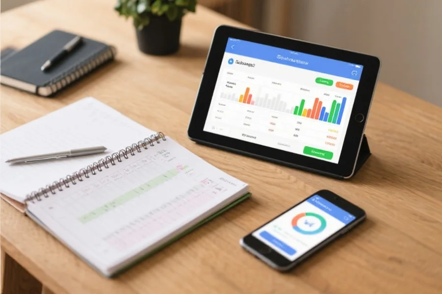 一张桌面，上面放有记账本、智能手机和一台正在运行预算管理应用程序的平板电脑，象征个人理性管理娱乐开销